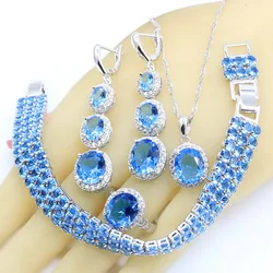 Light Blue Semi-precious Silver Color Jewelry Sets For Women Wedding Bracelet Necklace Pendant Earrings Ring With Gift Box