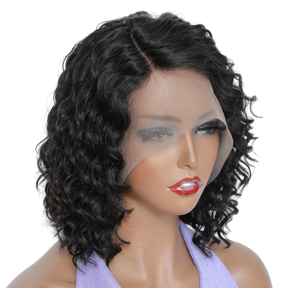 Perucas de Onda Profunda Curta com o Cabelo do Bebê, Remy Brasileiro Cabelo Humano, Profunda Encaracolado T Parte Peruca Lace, Linha Fina Natural,