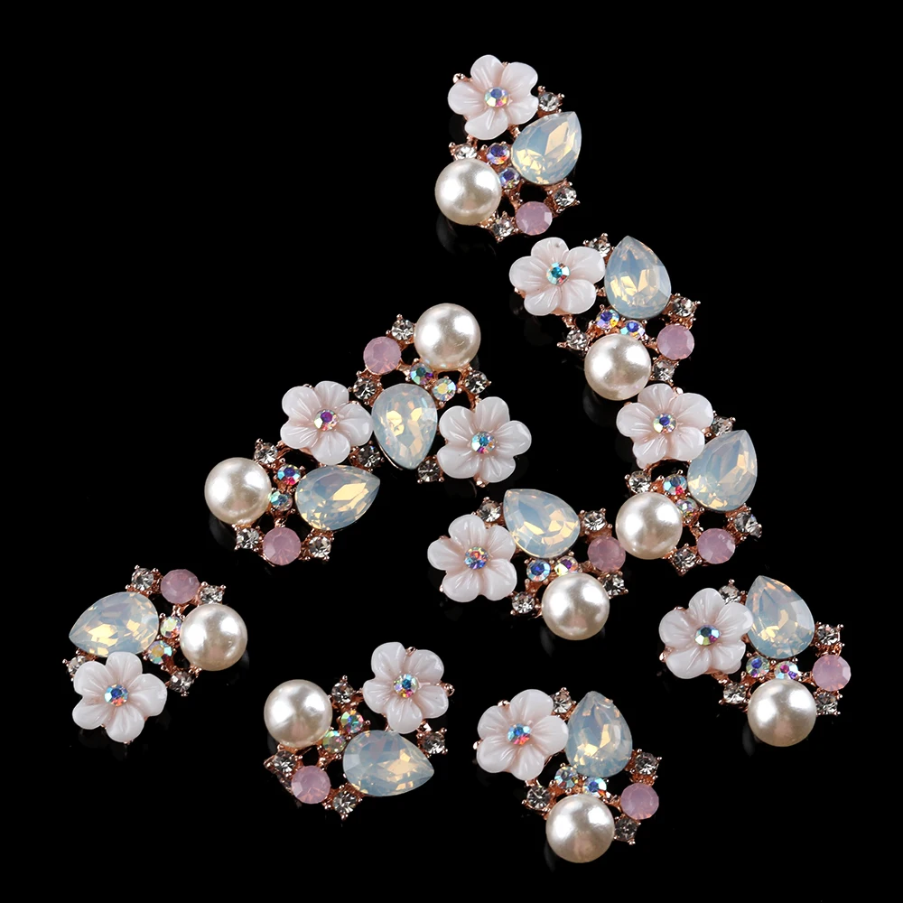 10PCS Flower Rhinestone Button For Making Pearl Hairpin Garment Accessories  Flatback Plating Garment Buckle Clothing Decoration