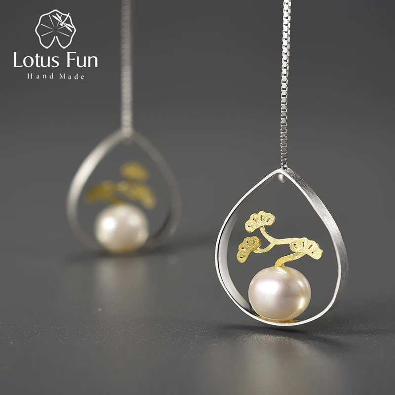 Lotus Fun Pine Tree Plant Drop Earrings Real 925 Sterling Silver Natural Pearl Earrings for Women Gift Handmade Fine Jewelry