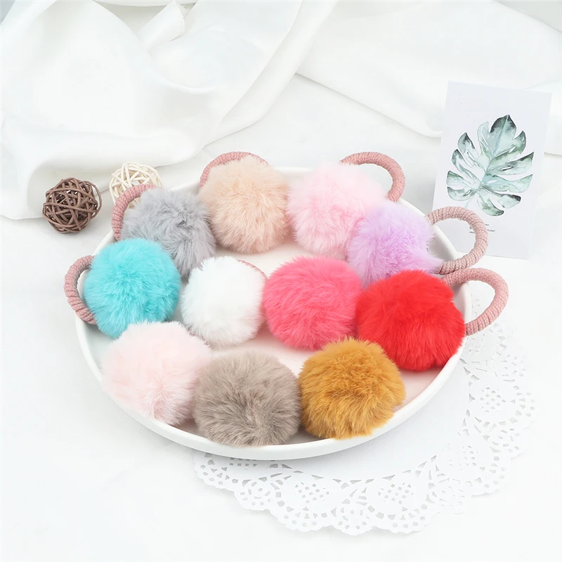 2PCS Furry Balls Hair Ties Cute Hair Rubber Bands For Children Girls Headwear Elastic Ponytail Holder Scrunchie Hair Accessories