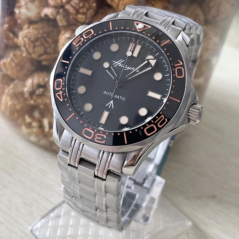 New high quality men\'s 41mm mechanical watch steel band wave black dial ceramic inlaid frame plug-in unidirectional rotation