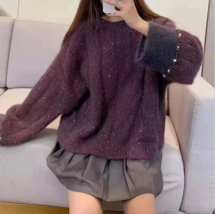 2023 Spring And Autumn New Net Red Celebrity Heavy Industry Beaded Soft Waxy Sweater Pullover Thick Sweater Coat Lazy Wind