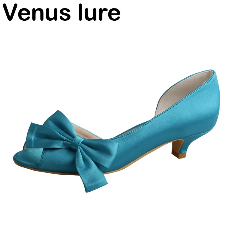 

Venus lure Aqua Blue Satin Heels with Bow for Women Peep Toe Bridesmaid Pumps