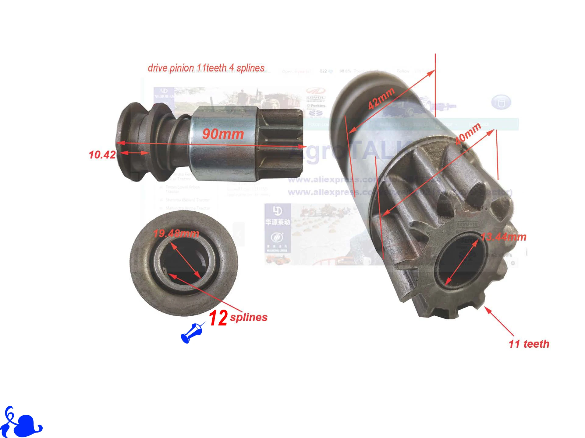 drive pinion for starter motor, 90mm in height, 11teeth 4 splines or 11teeth 12 splines as choices