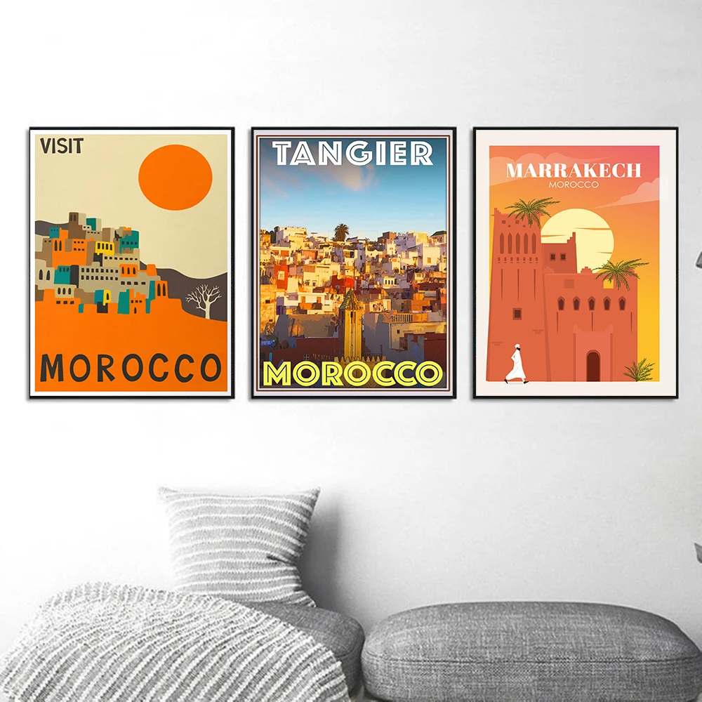 Chefchaouen Morocco Travel Posters and PrintsDusk Landscape Canvas Painting Retro Wall Pictures for Living Room Home Decoration