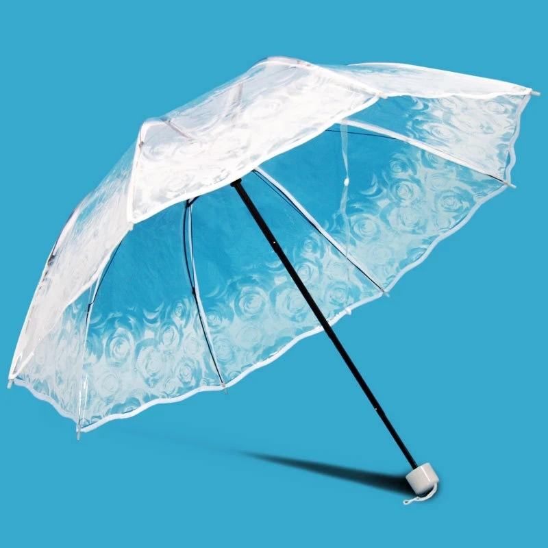 Transparent Fold PVC Clear Flower Printed Women Rainy Umbrellas White Rose Cherry Wedding Umbrella Outdoor Waterproof Parasol