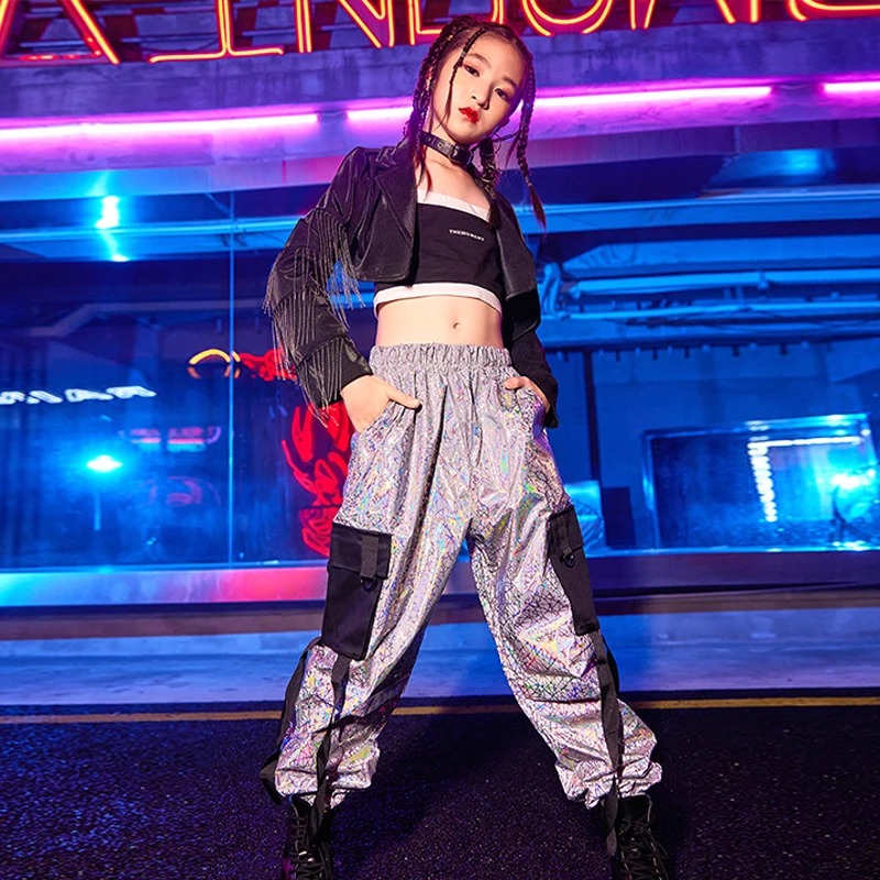 Hip Hop Jazz Dance Kostüm Mädchen Kpop Bühne Outfit Quaste Schwarze Jacke Helle Cargo Hosen Modenschau Kleidung Street Dance Tragen
