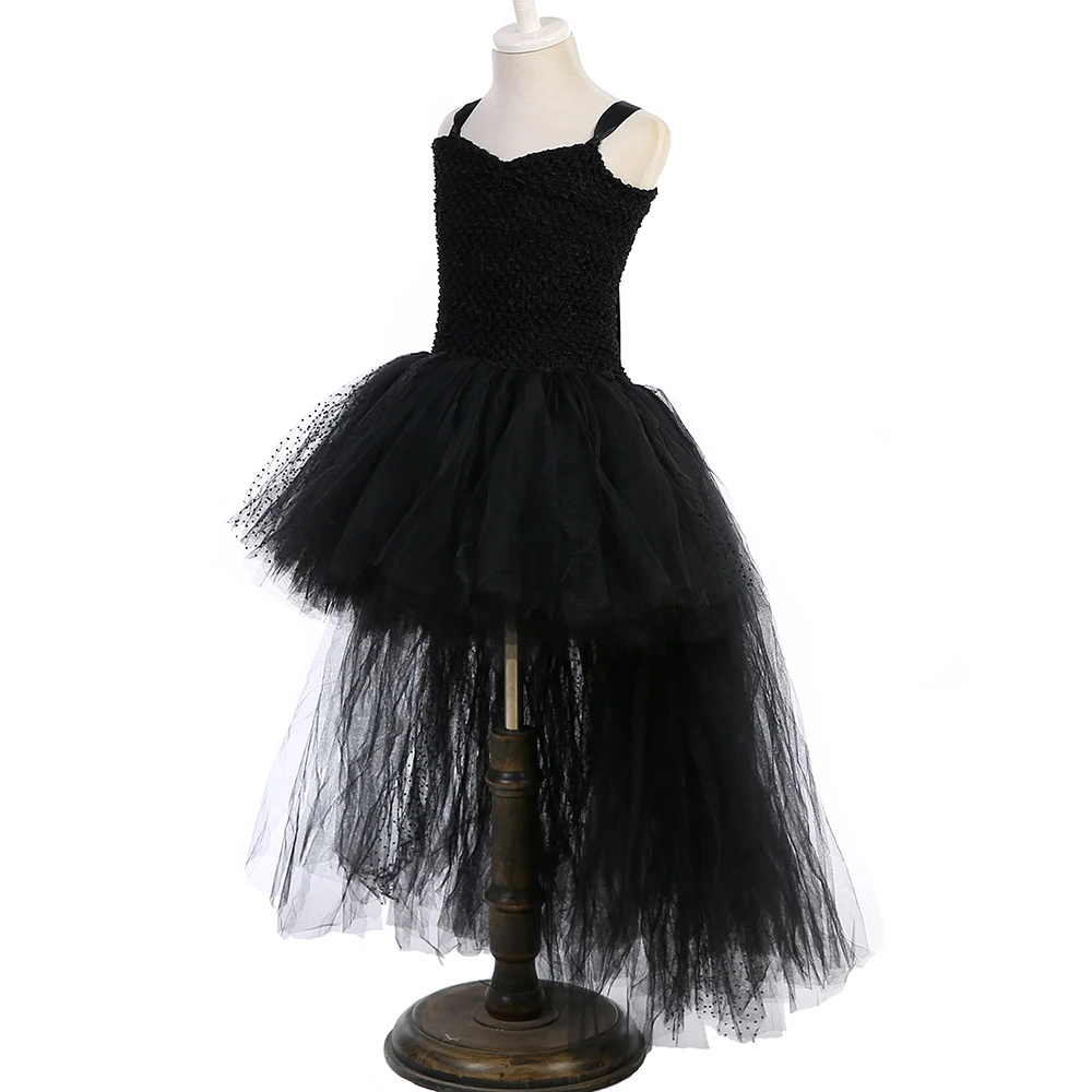 Black Angel Wings Tutu Dress for Girls Devil Halloween Costume for Kids Girl High Low Fancy Dresses Party Children Outfit V-neck