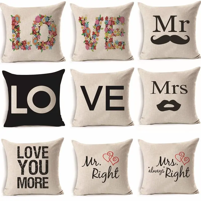 1pcs 43*43cm cotton linen cushion cover pillowcase Mr Mrs Love Wedding Marriage Home Decor Decoration Party DIY Favors 40247