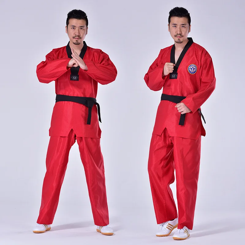 Red Taekwondo Uniform Blue Dobok TKD Coach Suit Adult Karate Judo Training Competition Pants Coat Beginner Performance Costume