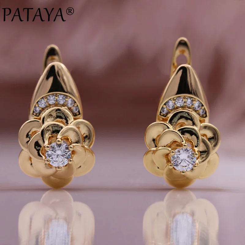 PATAYA New Metal Flower Earrings Ring Set 585 Rose Gold Color Wedding Creative Fashion Jewelry Natural Zircon Unusual Women Sets