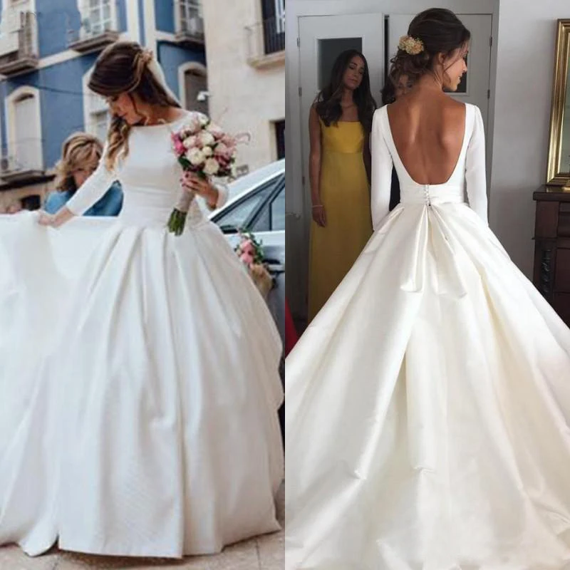 robe de mariee stretch satin wedding dress платье wedding party Dress long sleeves Robe De Soiree свадебные платья bride to be