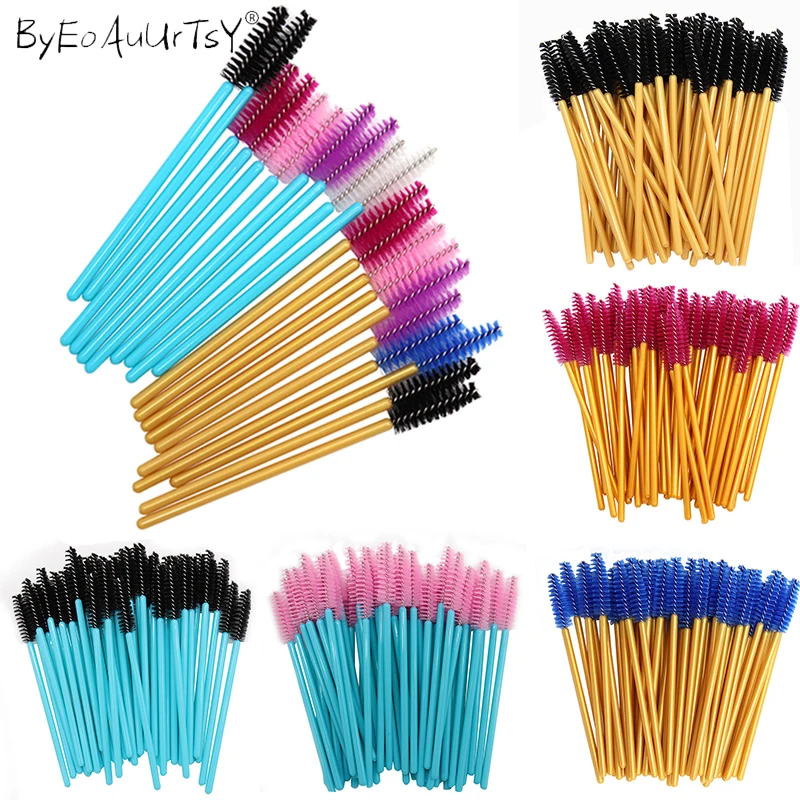 50pcs Multicolor Eyelash Brush Top Quantity Disposable Mascara Wands Lashes Gold Blue Handle Makeup Brushes Eyelash Extension