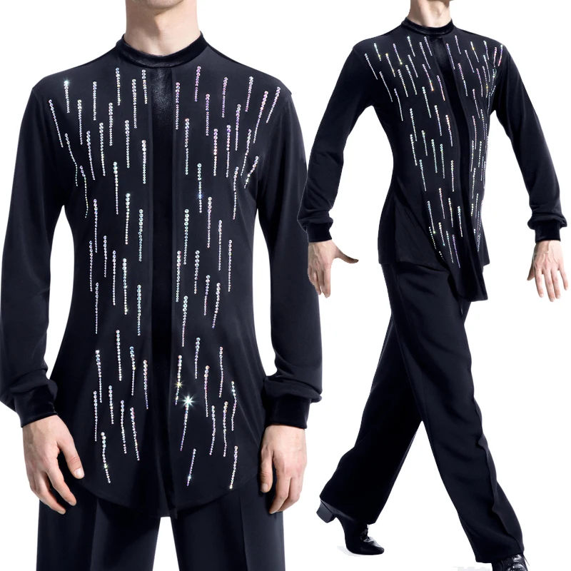 

Latin Dance Shirts High-Necked Long-Sleeved Bright Diamond Male Performance Tops Tango Salsa Cha Cha Competition Wear DNV13577