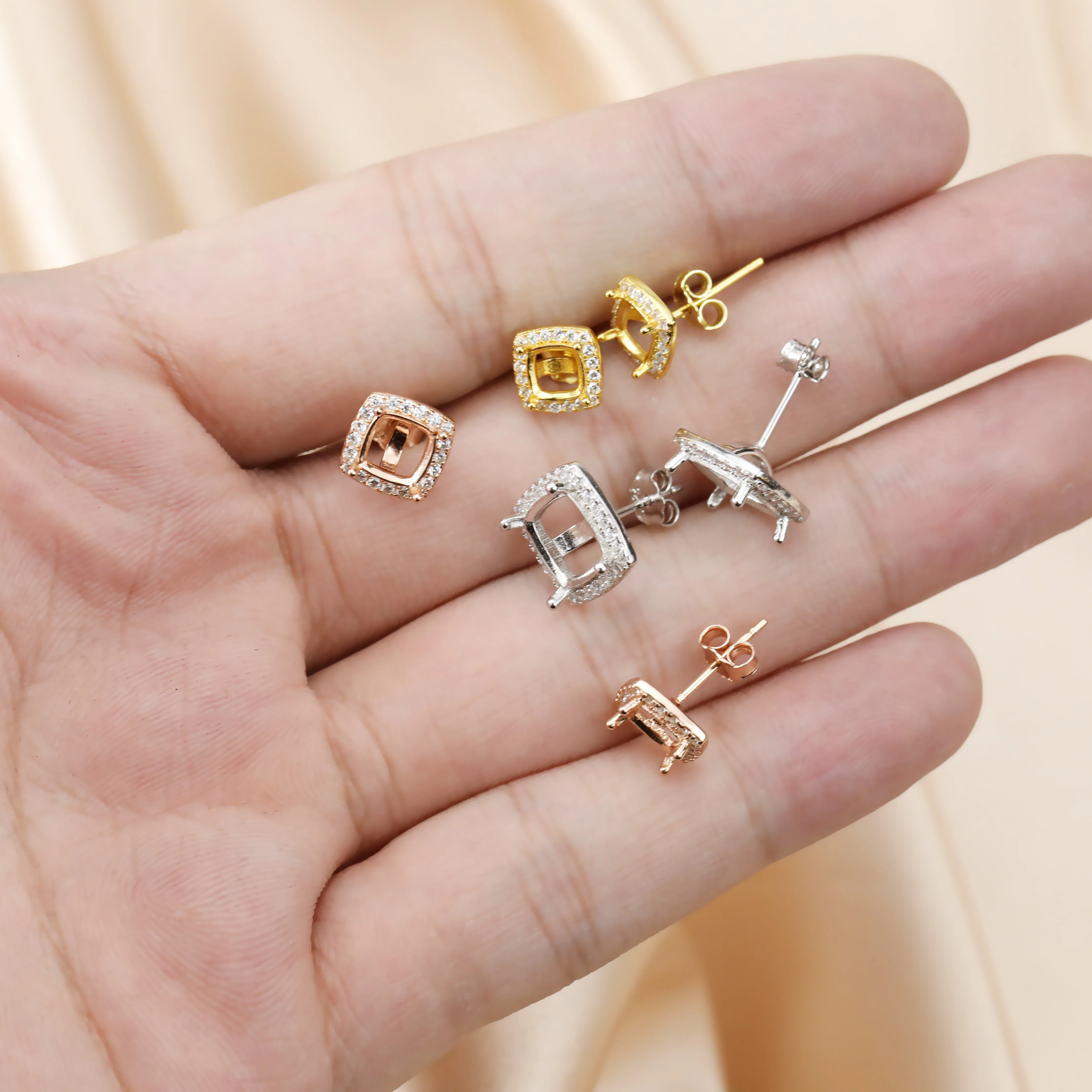 8-8MM Cushion Square Prong Bezel Studs Earrings Settings Solid 925 Sterling Silver Rose Gold Plated Halo Earrings 1706080