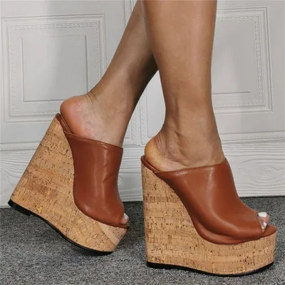 Handmade Women Platform Wood Mules Sandals Wedges Heels Sandals Open Toe Gorgeous 7 Colors Party Shoes Women US Plus Size 5-20