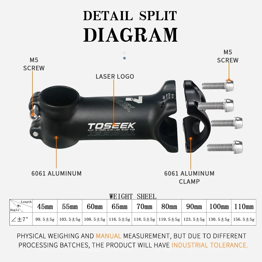 TOSEEK-Ultralight Alumínio Bicicleta Stem, Mountain Bike Acessórios, 7 Graus, 31.8x45mm, 55mm, 60mm, 65mm, 70mm, 80mm, 90mm, 100mm, 110 milímetros,