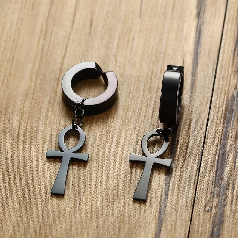 Eternal Cross Egypt Cleopatra Ankh Earrings for Men Jewelry Antiqued Black Stainless Steel Egyptian Queen Ankara Earing image 5