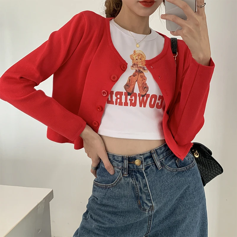 Spring Long Sleeve Red Knitted Women Cardigan Cow Girl Letter Print T Shirt Slim Crop Tops Shirts and Cardigans Suit 2 Piece Set