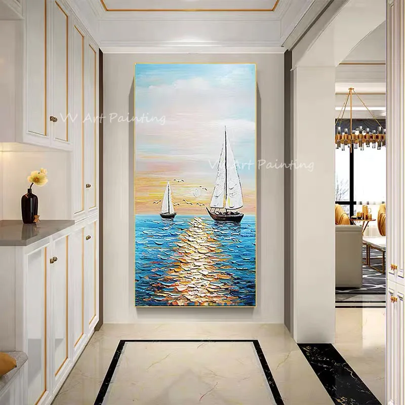 Large Size Ocean Boat Thick Blue Nordic Handpainted Oil Painting Blue Modern Wall for Living Room Luxury Home Living Room Decor