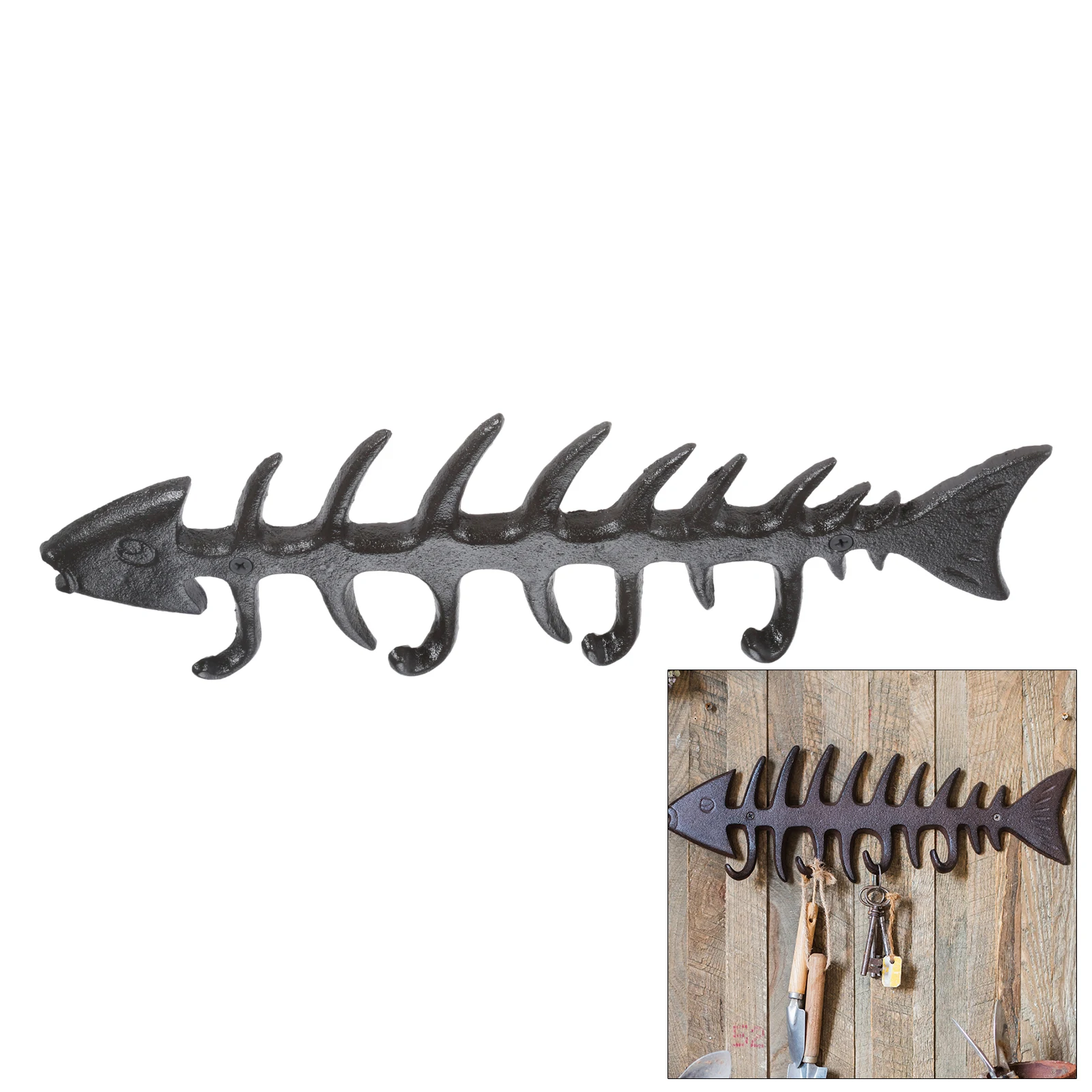 

4 in 1 Fish Bone Wall Hooks Cast Iron Hanging Housekeeper Hangers Keys/Coats/Clothes Kitchen Bathroom Home Retro Decor w/screw