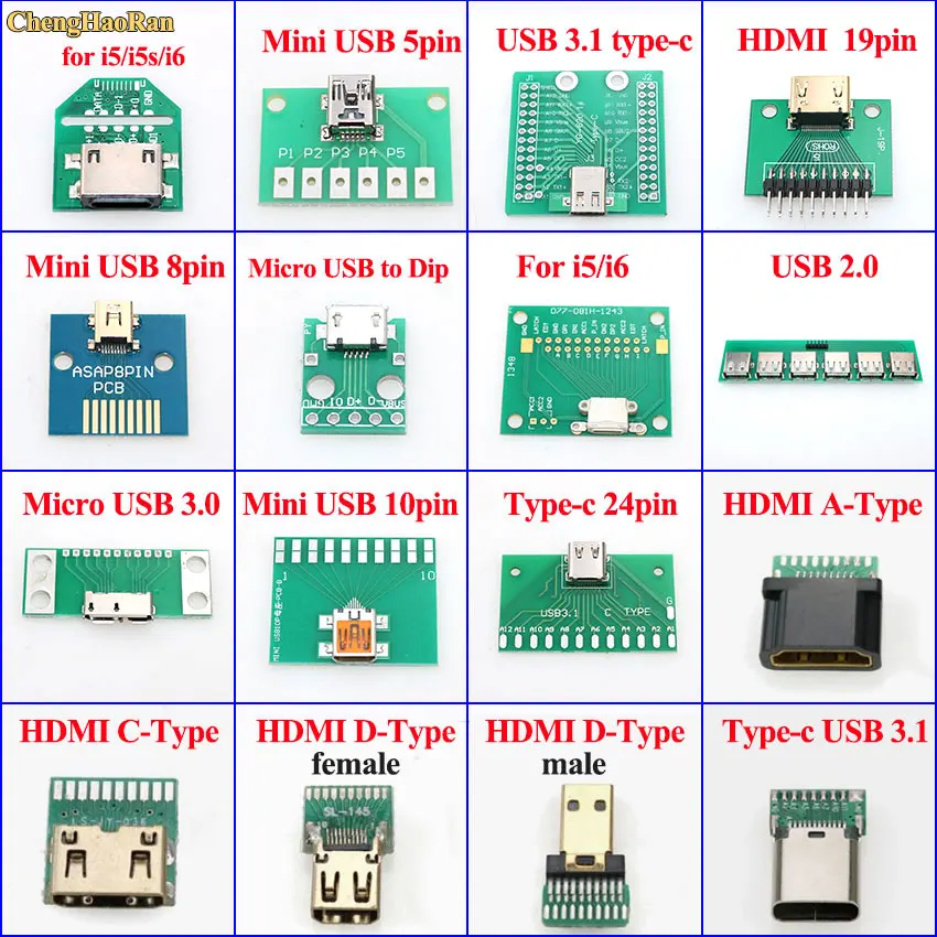 ChengHaoRan Mini Micro USB to DIP Adapter PCB Test Board USB 2.0 3.0 3.1/Type-C/HDMI Female Male Connector Socket