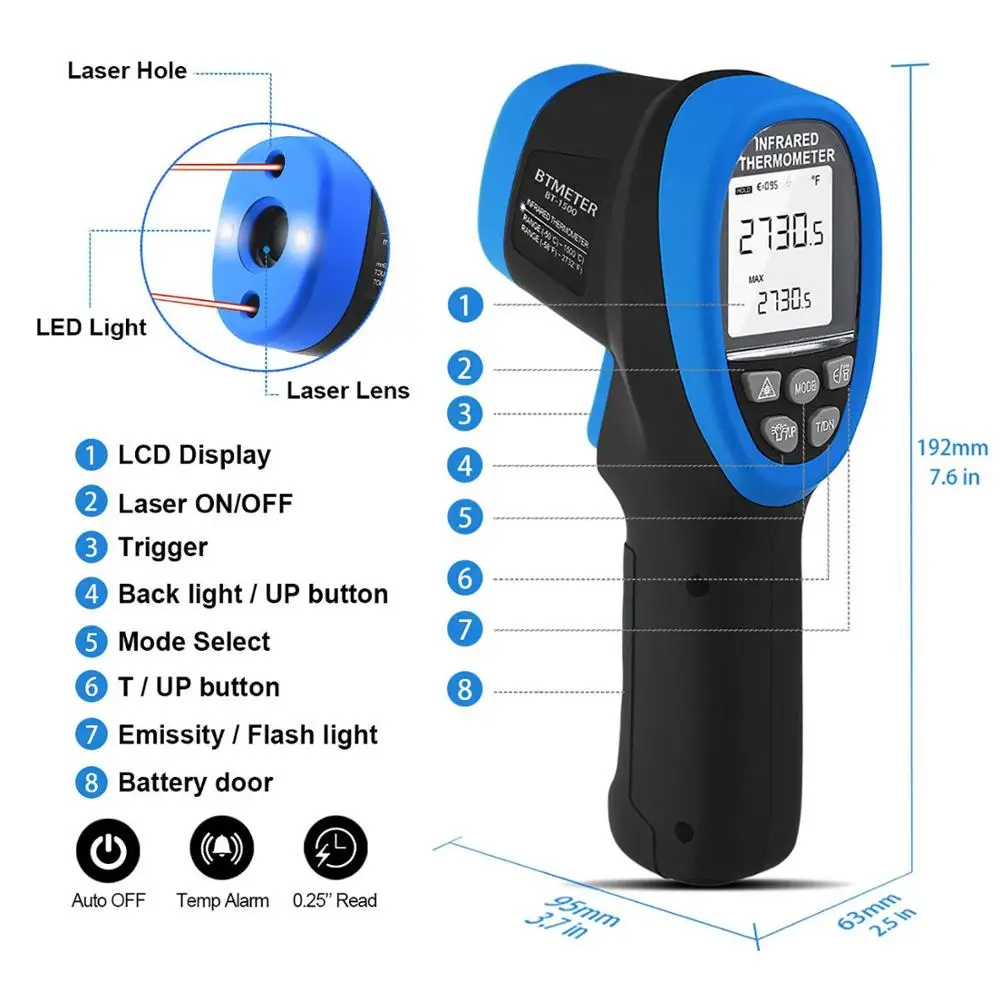 BTMETER BT-1500 Digital IR Thermometer Gun Non-contact High Temp Infrared Thermometer Laser Gauge for Industrial HVAC Forge