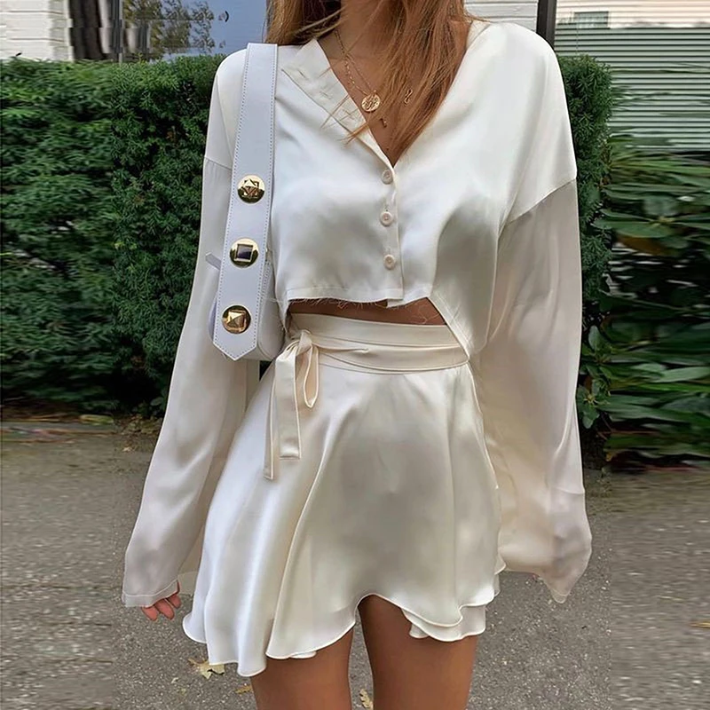 

White Elegant Satin 2 Two Piece Set Women Lantern Long Sleeve Crop Tops Cardigan Sexy High Waist Mini Tennis Sport Skirts New