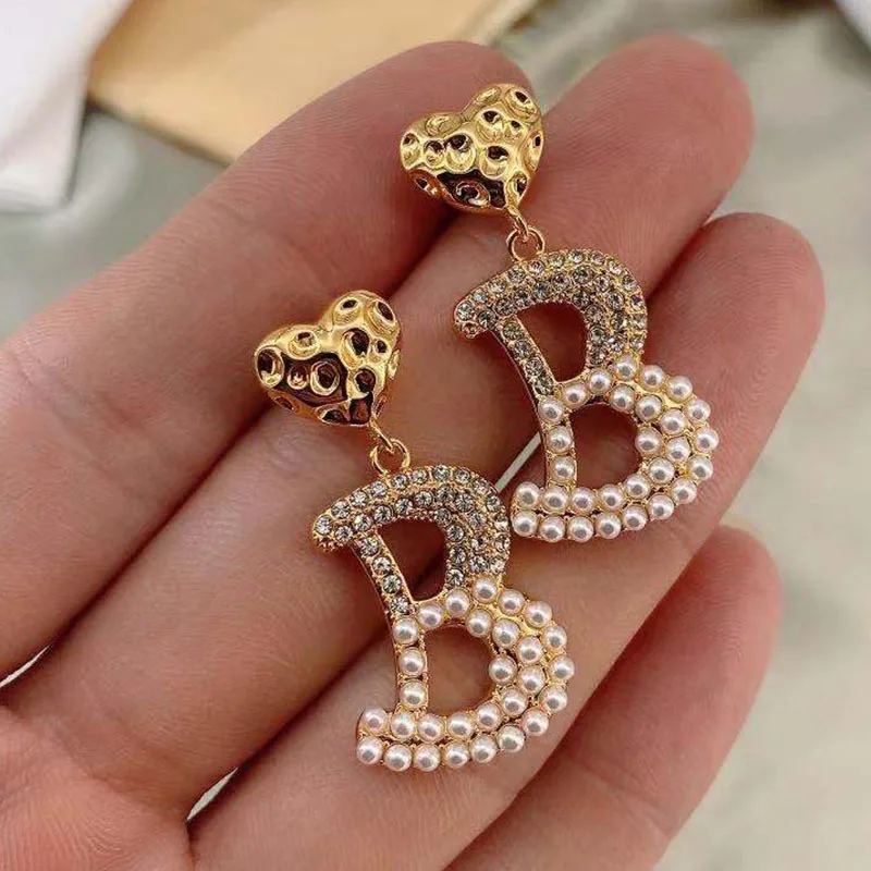 Letter B heart dangling earrings for women rhinestone pearl drop earrings luxury brand designer dupl jewelry streetwear vintage