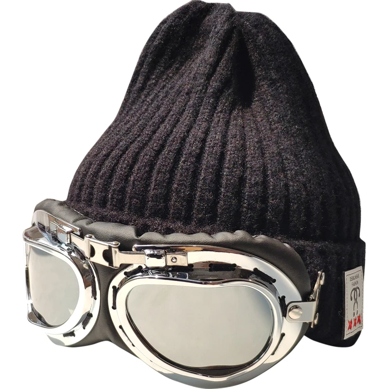 Gorro de punto con gafas, gorro retro, gorro de lana para hombre, marca de marea de invierno para mujer, gorro de esquí cálido para exteriores