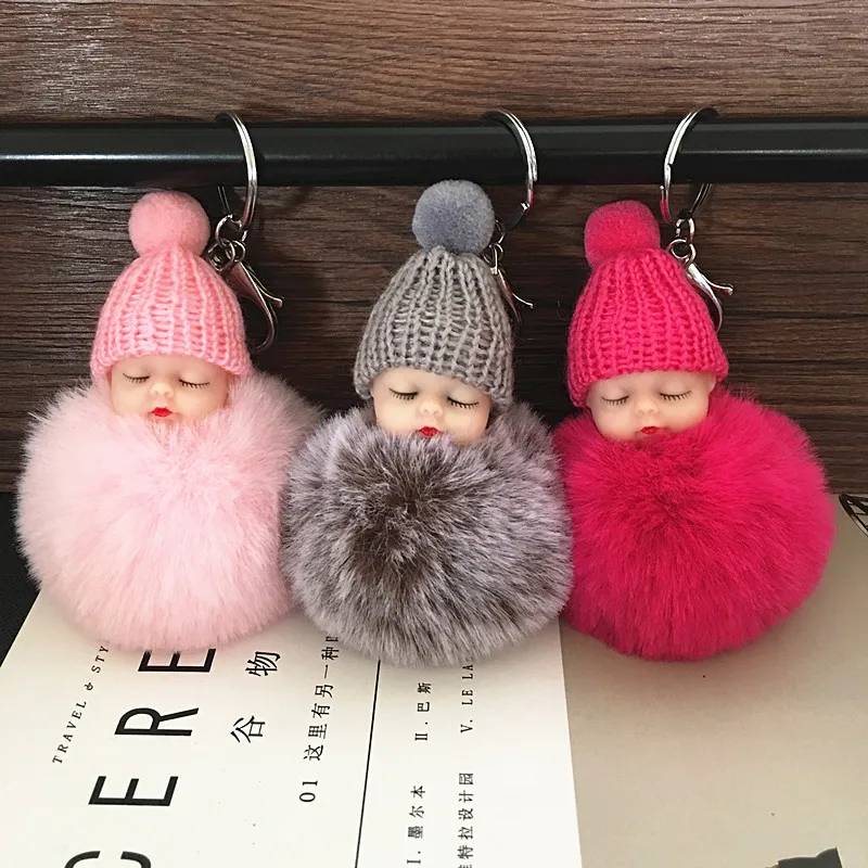 Fashion Colorful Sleeping Baby Doll Hanging Piece Hair Ball Pendant Cute Fluffy Pompom Chain Cotton Wool Holder Bag Ball Toy