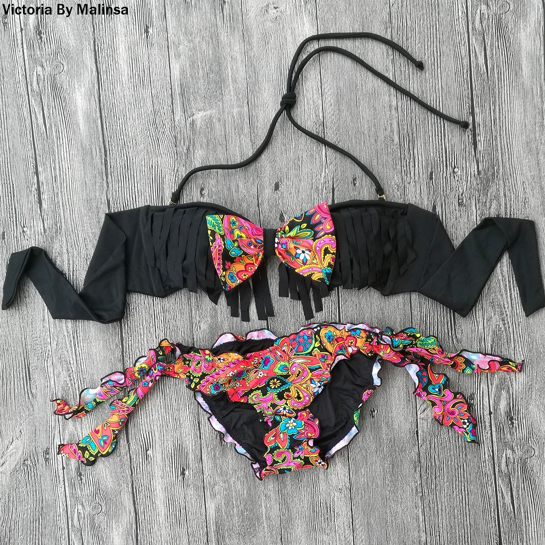 Bow Tassel TOP Bikini for Women Sexy Girl Swimsuit Biquini Black Printing Bottom Brazilian