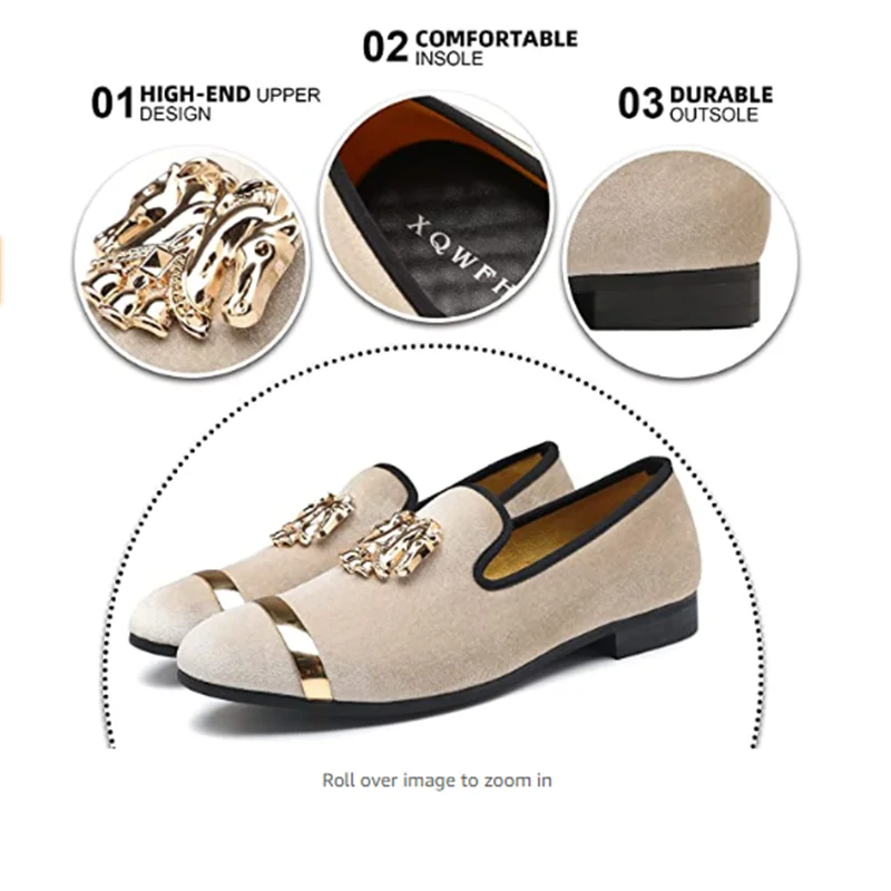 Men Party Dinner Formal Shoes Fashion Gentleman Wedding Dress Shoes for Men Casual Shoes Beige Velvet Loafers