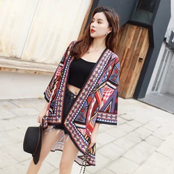 Vintage Ethnic Kinomo Cardigan Women Summer Holiday Long Cardigan Beach Boho Cardigan