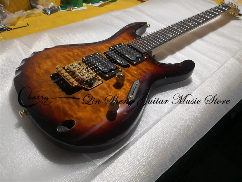 custom-made 6 string electric guitar,ultra-thin brown guitar,burl maple veneer,groove fan fingerboard,HSH pickups,tremolo bridge