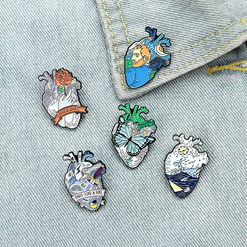 Creative heart shape Enamel Brooch Van Gogh butterfly flower sea whale Art fashion Lapel Pin Badge friend gift