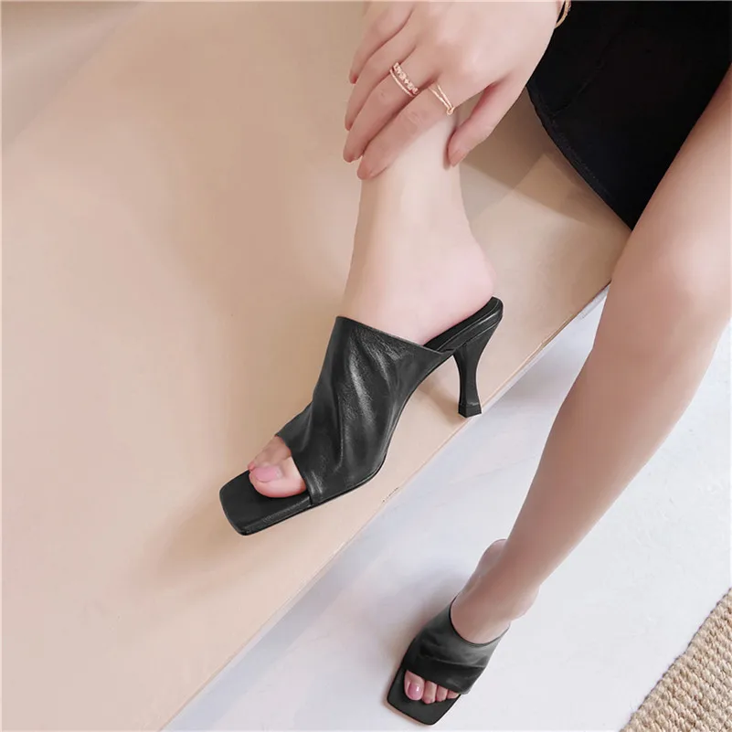 ANNYMOLI Shoes Women Real Leather High Heel Slippers Square Toe Slides Lady Stiletto Heel Female Sandals Black Large Size 10.5