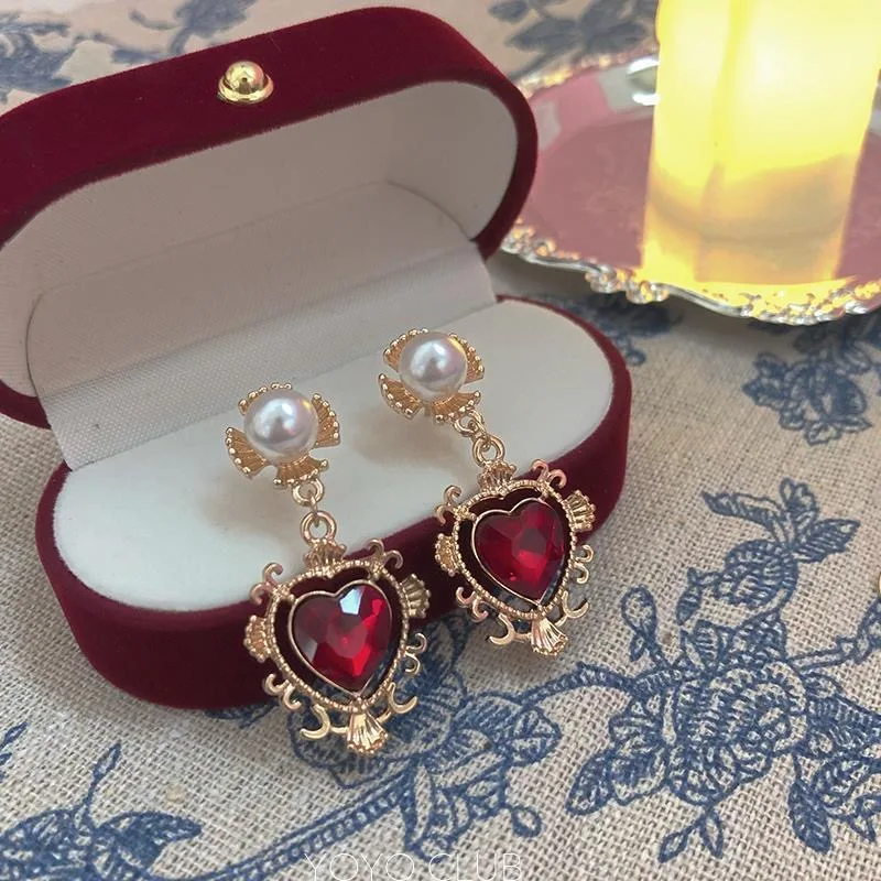 Korean 2022 Trendy Red Crystal Stone Dangle Earrings Simple Vintage Gothic Pearl Heart Hanging Earrings Ear Drop Jewelry New