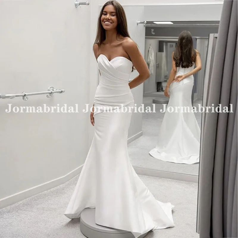 Vestido De novia blanco De sirena Mikado, escote en forma De corazón, Sexy, plisado, trompeta, césped, cremallera trasera, barato