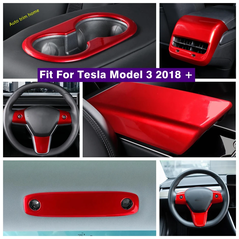 

Car Accessories Steering Wheel / Rear Air AC Outlet / Read Ligth / Water Cup Holder Cover Trim For Tesla Model 3 2018 - 2021 Red