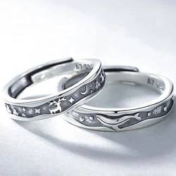 Vintage Creative Couple Rings for Lovers Statement Silver Color Engraving Whale Elk Star Moon Open Engagement Wedding Band Gift