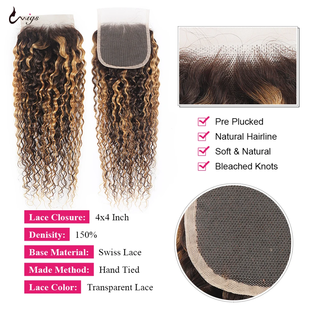 Uwigs Curly Bundles Highlight P4/27 Human Hair Bundles With Closure Honey Blonde Curly Hair Brazilian Bundles With Lace Closure