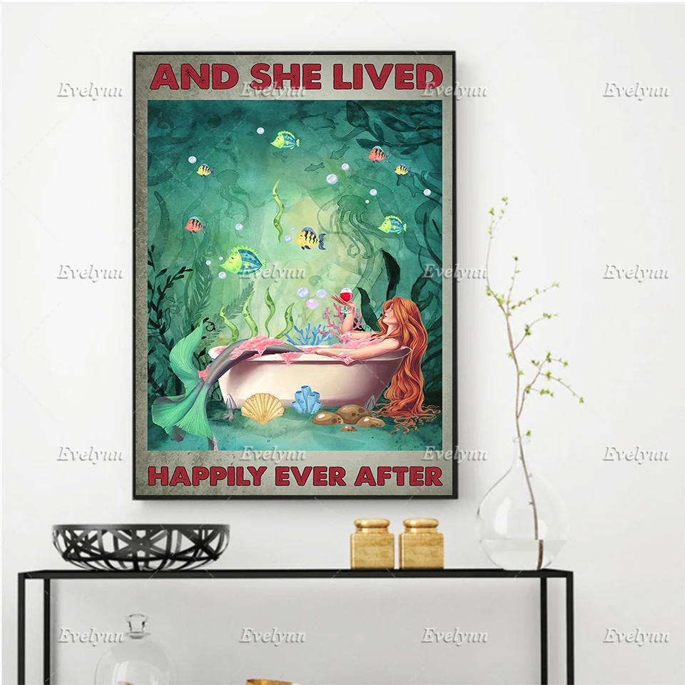 Mermaid And She Lived Happily Ever After Poster, Summer Time Mermaid Wine Wall Art Prints Home Decor Canvas Gift Floating Frame