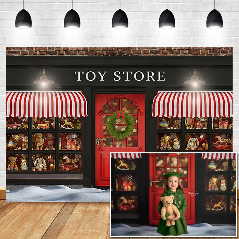 Christmas Toy Store Photography Backdrops Winte Snow Kids Children Photocall Background Photo Studio Red Xmas Door Decoration