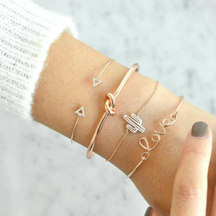 Punk Charm Bracelet Bracelet Fashion New Temperament Pop Cactus Triangle Opening Love Crystal Women's Bracelet Wholesale