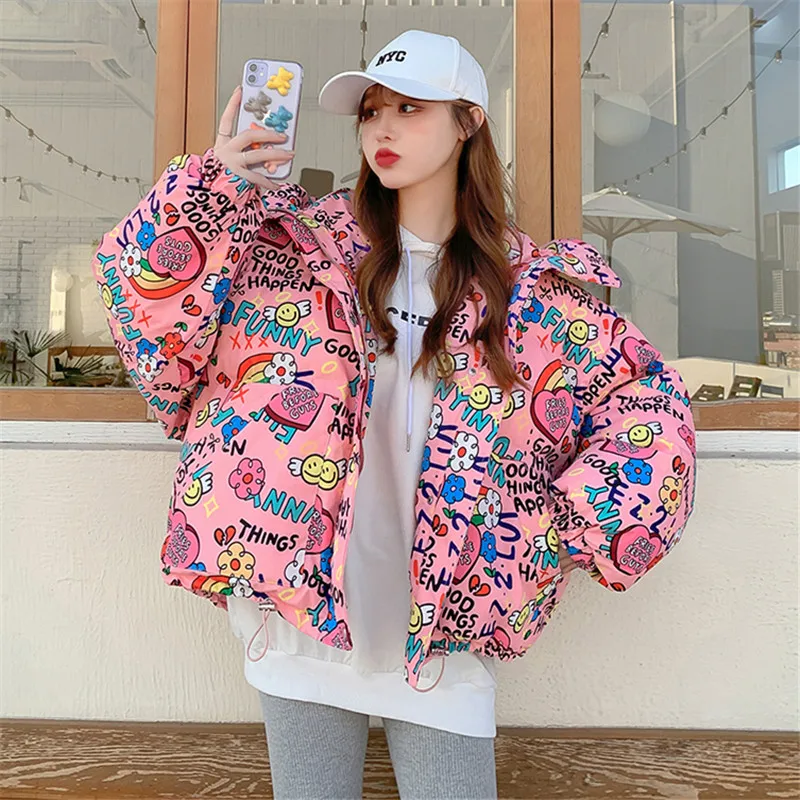 Cartoon Print Down Jackets Women Fashion Hooded Short Parka Thick Warm Winter Jacket Korean Loose Casual Cotton Coat Female