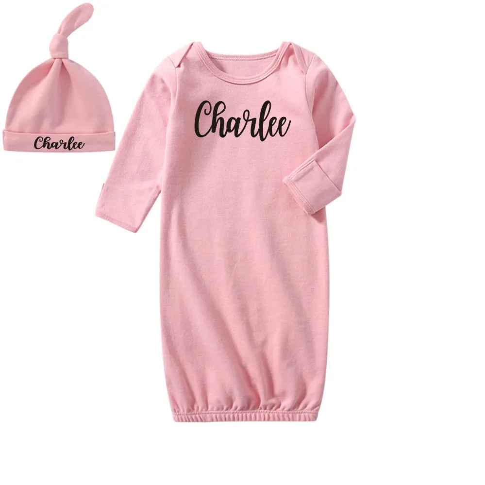 Cama de dormir rosa para menina, roupa para o bebê recém-nascido em casa, vestido personalizado para dormir + chapéu