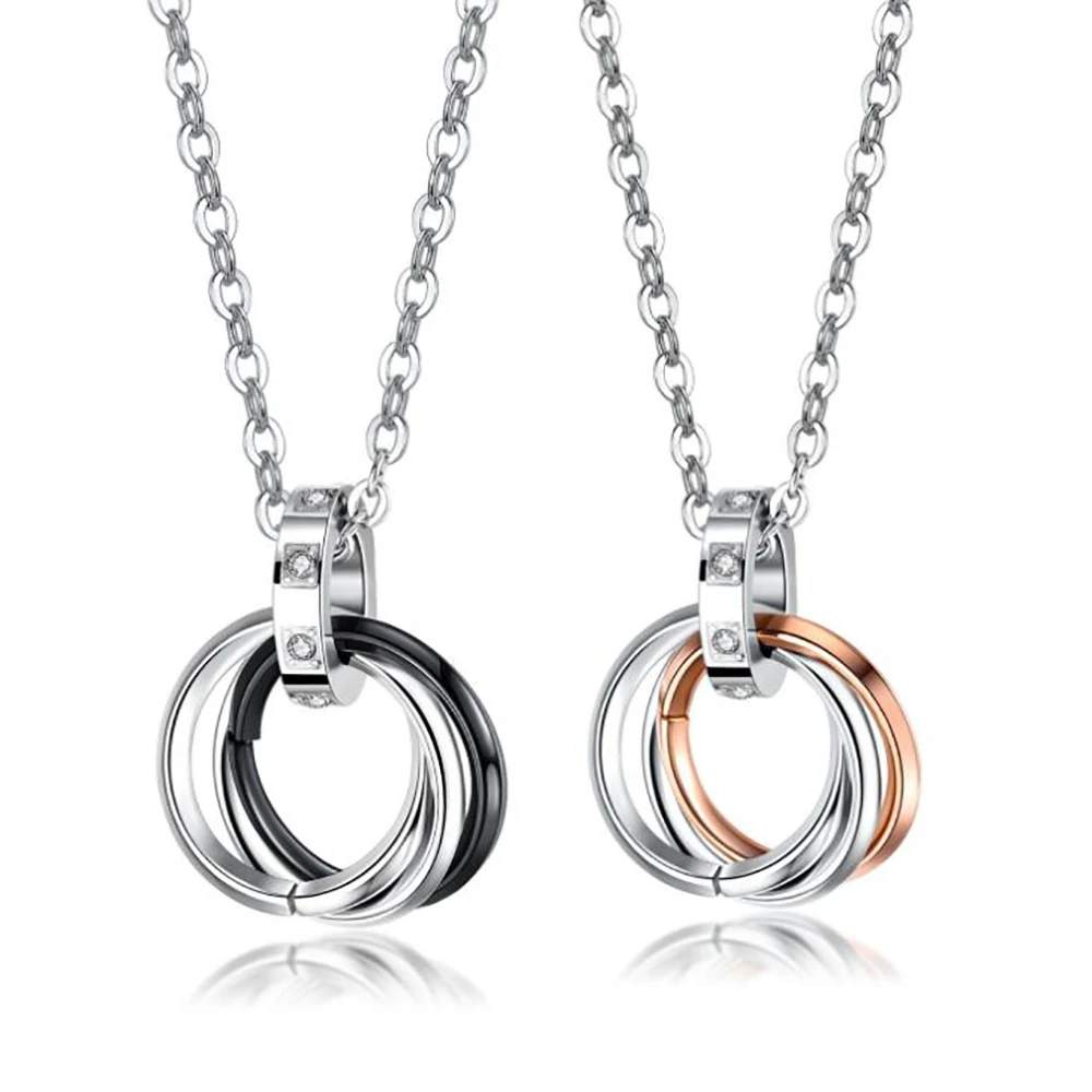 Stainless Steel Black Blue Rose Gold Three Interlocking Braided Circles Pendant Necklace