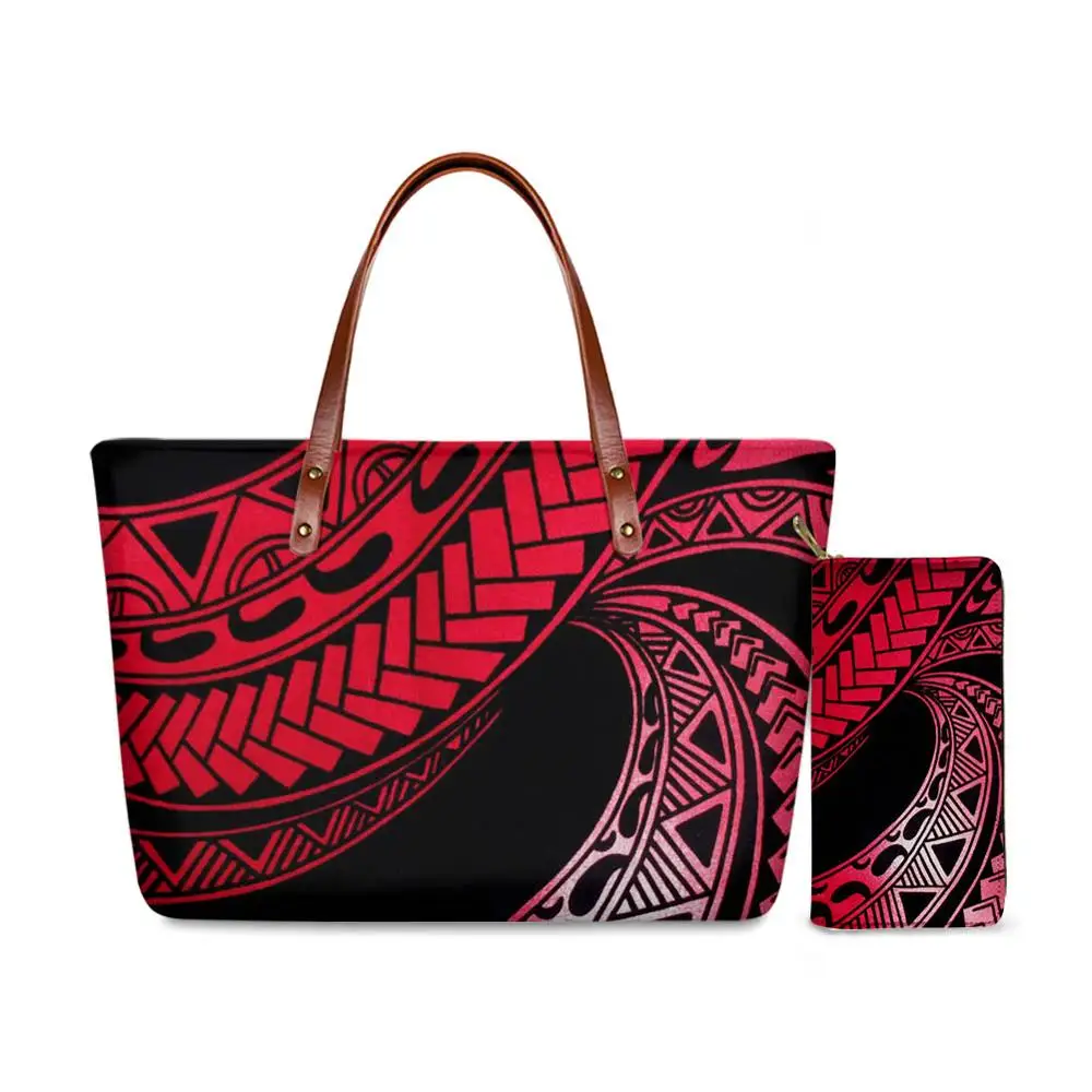 HYCOOL Polynesian Tribal Print Casual Tote Handbag Women Luxury Hand Bag Ladies PU Leather Purse Wallet Set 2 Pcs Customize